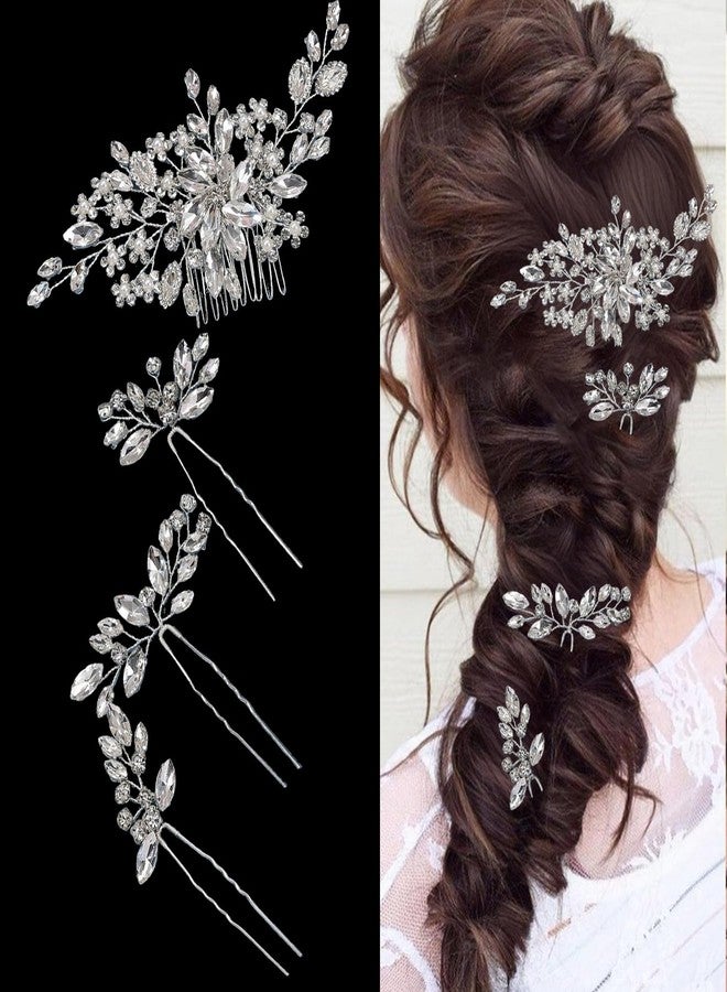 AELUUAKE 4Pcs Silver Bride Wedding Hair Comb Hair Pins Set Crystal Bridal Hair Side Combs Rhinestones Decorative Combs Hairpins Flower Bridal Headpieces Hairpiece Clips Accessories for Women Girls - Image 1